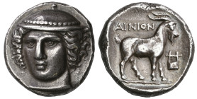 ‡ Thrace, Ainos, tetradrachm, c. 360 BC, head of Hermes facing three-quarters left, wearing petasos, rev., ΑΙΝΙΟΝ, goat standing right; in right field...