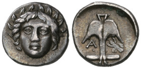 ‡ Thrace, Apollonia Pontica, diobol, c. 350 BC, laureate head of Apollo facing, rev., anchor flanked by A and crayfish, 1.28g, die axis 6.00 (SNG BM 1...
