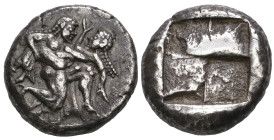 ‡ Thasos, stater, c. 500-480 BC, ithyphallic satyr holding in his arms a nymph, rev., quadripartite incuse square, 9.91g (Svoronos pl. 10, 1; SNG Cope...