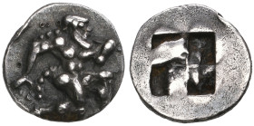 ‡ Thasos, trihemiobol, c. 500-480 BC, ithyphallic satyr kneeling right, rev., quadripartite incuse square, 0.82g (Svoronos pl. 10, 18), extremely fine...