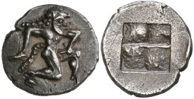‡ Thasos, trihemiobol, c. 500-480 BC, ithyphallic satyr kneeling right, rev., quadripartite incuse square, 0.98g (Svoronos pl. 10, 18), toned, well ce...