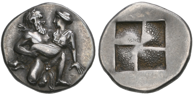 ‡ Thasos, drachm, c. 463-411 BC, nude satyr holding nymph in his arms, rev., mil...