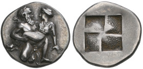 ‡ Thasos, drachm, c. 463-411 BC, nude satyr holding nymph in his arms, rev., mill-sail incuse square, 3.55g (Svoronos pl. 10, 31; BMC 35), dark toned,...