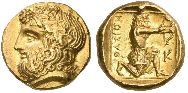 ‡ Thasos, gold drachm, c. 380 BC, bearded head of Dionysos left crowned with ivy...