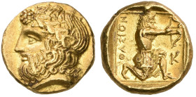‡ Thasos, gold drachm, c. 380 BC, bearded head of Dionysos left crowned with ivy, rev., ΘΑΣΙΟΝ, Herakles wearing lion-skin headdress and chiton, kneel...