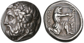 ‡ Thasos, tetradrachm, c. 360 BC, bearded head of Dionysos left crowned with ivy, rev., ΘΑΣΙΟΝ, Herakles wearing lion-skin headdress and chiton, kneel...