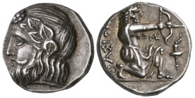 ‡ Thasos, didrachm, c. 350 BC, bearded head of Dionysos left crowned with ivy, rev., ΘΑΣΙΟΝ, Herakles wearing lion-skin headdress and chiton, kneeling...