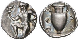 ‡ Thasos, trihemiobol, 350 BC, Silenos kneeling three-quarters left, holding in left hand a kantharos, rev., ΘΑΣΙΩΝ, amphora, 0.97g, die axis 9.00 (We...