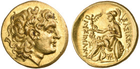‡ Kings of Thrace, Lysimachos (306-281 BC), gold stater, uncertain mint, posthumous issue, deified head of Alexander the Great right wearing the horn ...