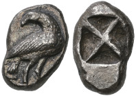 ‡ Macedonia, uncertain mint, drachm, c. 550-500 BC, bird standing right with head looking back, rev., diagonally divided incuse square, 4.37g (cf. Tra...