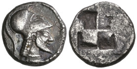 ‡ Macedonia, Aeneia, tetrobol, c. 500-480 BC, helmeted head of Aeneas right with pointed beard rev., quadripartite incuse square, 2.59g (SNG ANS 71; S...