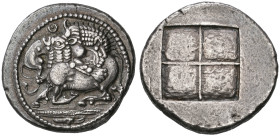 ‡ Macedonia, Akanthos, tetradrachm, c. 480 BC, bull kneeling left attacked by lion who bites into his rump; above, Θ; floral ornament in exergue, rev....