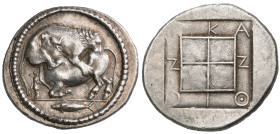 ‡ Macedonia, Akanthos, tetradrachm, c. 450 BC, bull kneeling left attacked by lion who bites into his rump; tunny fish swimming left in exergue, rev.,...