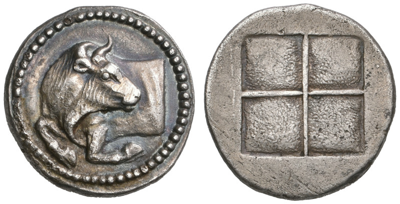 ‡ Macedonia, Akanthos, tetrobol, c. 400 BC, forepart of bull left with head look...
