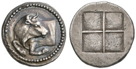 ‡ Macedonia, Akanthos, tetrobol, c. 400 BC, forepart of bull left with head looking back, rev., quadripartite incuse square, 2.58g (BMC 29; Boston 534...