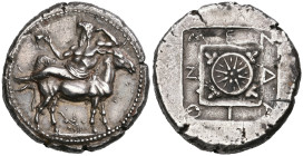 ‡ Macedonia, Mende, tetradrachm, c. 460-423 BC, Dionysos reclining on the back of a donkey walking right, holding in his right hand a kantharos, his l...