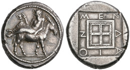 ‡ Macedonia, Mende, tetradrachm, c. 460-423 BC, Dionysos reclining on the back of a donkey walking right, holding in his right hand a kantharos, rev.,...