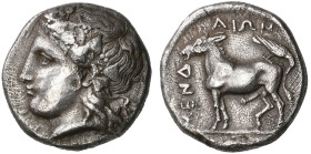 ‡ Macedonia, Mende, tetradrachm (reduced weight), early 4th century BC, head of young Dionysos crowned with ivy left, rev., ΜΕΝΔ-ΑΙΩΝ, ithyphallic don...