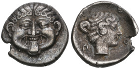 ‡ Macedonia, Neapolis, hemidrachm, 4th century BC, Gorgon head facing, rev., ΝΕΠΟ, head of nymph right, her hair drawn up in bun at the back, 1.74g, d...