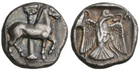 ‡ Macedonia, Olynthos, tetrobol, c. 450 BC, horse standing right with column in background, rev., ΟΛΥΝ, eagle facing with wings spread, holding a serp...