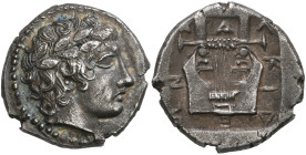 ‡ Macedonia, Chalkidian League (c. 432-348 BC), Olynthos, tetrobol, laureate head of Apollo right, rev., ΧΑΛKΙΔΕΩΝ, lyre, 2.42g, die axis 12.00 (SNG A...