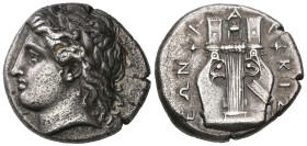 ‡ Macedonia, Chalkidian League (c. 432-348 BC), Olynthos, tetradrachm, laureate head of Apollo left, rev., ΧΑΛΚΙΔΕΩΝ, lyre above which is small tripod...