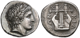 ‡ Macedonia, Chalkidian League (c. 432-348 BC), Olynthos, tetradrachm, laureate head of Apollo right, rev., ΧΑΛΚΙΔΕΩΝ, lyre; below ΕΠΙ ΑPΙΣΤΩΝΟΣ, 14.3...