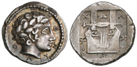‡ Macedonia, Chalkidian League (c. 432-348 BC), Olynthos, tetrobol, ΟΛΙΝΘΙ inscribed around laureate head of Apollo right, rev., ΧΑΛΚΙΔΕΩΝ, lyre, 2.34...