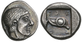 ‡ Macedonia, Skione, tetrobol, c. 480-450 BC, male head right, rev., ΣΚΙΟ, human eye in incuse square, 2.28g, die axis 3.00 (SNG ANS 708-09), toned, e...