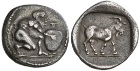 ‡ Macedonia, Terone, tetrobol, c. 400-348 BC, Silenos kneeling right about to pour from a large oinochoe, rev., goat standing right in incuse square, ...