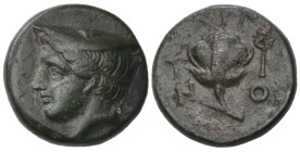 ‡ Macedonia, Tragilos, Ae 12mm, c. 380 BC, head of Hermes left wearing petasos, rev., Τ[Ρ]ΑΙΛ-Ο-Ν, rose; to right, caduceus, 3.71g, die axis 6.00 (SNG...