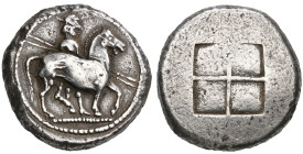 ‡ Thraco-Macedonian, the Bisaltai, temp. Alexander I of Macedon (498-454 BC), tristater, horseman wearing petasos and carrying two spears standing on ...