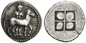 ‡ Thraco-Macedonian, the Bisaltai, temp. Alexander I of Macedon (498-454 BC), hemistater, horseman wearing petasos and carrying two spears standing on...