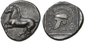 ‡ Kings of Macedon, Archelaos I (413-399 BC), diobol, horse galloping left, rev., ΑΡΧΕΛ-Α-Ο, crested helmet, 1.87g, die axis 3.00 (SNG ANS 71), toned,...