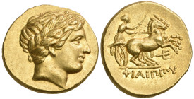 ‡ Kings of Macedon, Philip II (359-336 BC), gold stater, Amphipolis, c. 323/2-315 BC, laureate head of Apollo right, rev., ΦΙΛΙΠΠΟΥ, biga driven right...