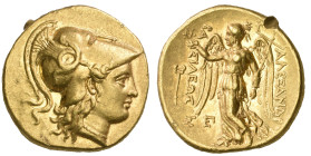 ‡ Kings of Macedon, Alexander III (336-323 BC), gold stater, Tarsos, 323-317 BC, helmeted head of Athena right, rev., ΒΑ-ΣΙΛΕΩΣ ΑΛΕΞΑΝΔΡΟΥ, Nike stand...