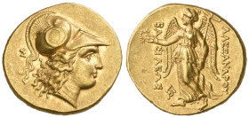 ‡ Kings of Macedon, Alexander III (336-323 BC), gold stater, Arados, 328-320 BC, helmeted head of Athena right; behind Σ, rev., ΒΑΣΙΛΕΩΣ ΑΛΕΞΑΝΔΡΟΥ, N...