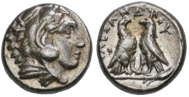 ‡ Kings of Macedon, Alexander III (336-323 BC), diobol, Amphipolis (?), head of Herakles right in lion-skin headdress, rev., ΑΛΕΞΑΝΔΡΟΥ, two eagles st...