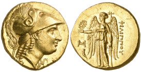 ‡ Kings of Macedon, Philip III (323-317 BC), gold stater, Abydos, c. 323-317 BC, helmeted head of Athena right, rev., ΦΙΛΙΠΠΟΥ, Nike standing left hol...