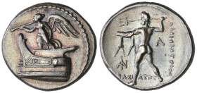 ‡ Kings of Macedon, Demetrios Poliorketes (306-283 BC), drachm, Tarsos, c. 298-295 BC, Nike standing left on prow of galley, blowing trumpet, rev., ΒΑ...