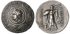 ‡ Kings of Macedon, time of Antigonos II Gonatas to Demetrios II, tetradrachm, c. 246/5-229 BC, horned head of Pan left with pedum at shoulder, set in...