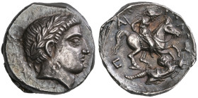 ‡ Kings of Paeonia, Patraos (c. 335-315 BC), tetradrachm, laureate head of Apollo right, rev., ΠΑΤΡΑΟΥ, horseman riding right, lancing downwards at fa...