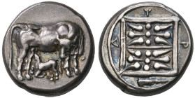 ‡ Illyria, Dyrrachium, stater, 4th century BC, cow standing right, head turned back, feeding calf, rev., double stellate pattern in square frame; arou...