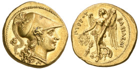 ‡ Kings of Epirus, Pyrrhus (295-272 BC), gold stater, struck at Syracuse, c. 278 BC, head of Athena right wearing crested Corinthian helmet adorned wi...