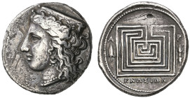 ‡ Crete, Knossos, stater, c. 300-270 BC, head of Hera left wearing stephane adorned with palmettes, rev., ΚΝΩΣΙΩΝ, square labyrinth; on left, A above ...