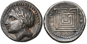‡ Crete, Knossos, hemidrachm, c. 300-270 BC, laureate head of Apollo (?) left, rev., ΚΝΩ and ΑΓΕΙ, square labyrinth; on right, thunderbolt, 2.67g, die...