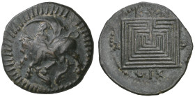 ‡ Crete, Knossos allied with Gortyna, Ae 19mm, c. 220 BC, Europa on bull left; two dolphins below; all within circle of rays, rev., ΚΝ-Ω-ΣΙΩΝ, square ...