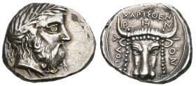 ‡ Crete, Polyrhenion, stater, c. 330 BC, laureate head of Zeus right, rev., ΠΟΛΥ-ΡΗΝ-ΙΟΝ arranged around the facing head of a bull with garlands hangi...