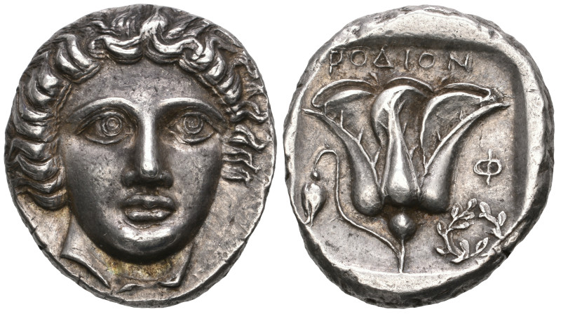 ‡ Islands off Caria, Rhodes, tetradrachm, c. 380 BC, facing head of Helios, rev....