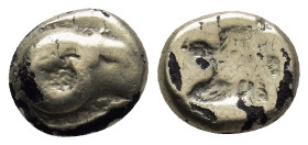 LESBOS, Mytilene. Circa 521-478 BC. EL Hekte – Sixth Stater (10mm, 2.0 g). Head of ram right; below, cock standing left / Incuse head of lion right; r...